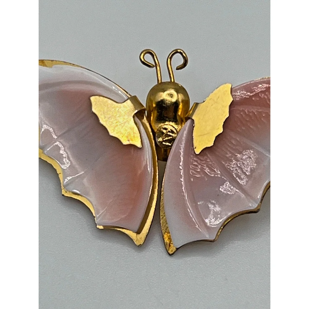 Vintage Gold Tone Pink & White Shell Winged Butterfly Dainty Brooch